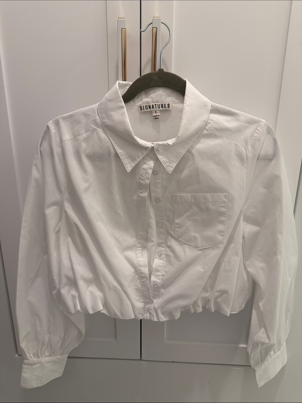 Signature8 White Cropped Button-Front Shirt with Pocket